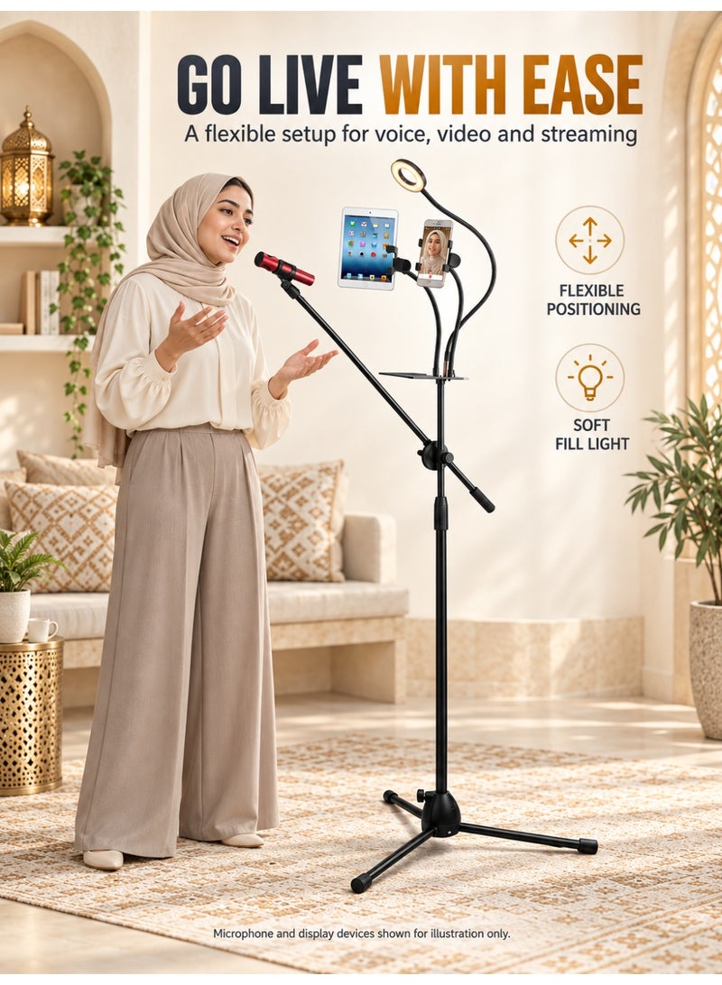 WALALLA Multifunction Microphone Floor Stand with Phone Holder, USB Fill Light and Sound Card Tray, Adjustable Height, 360° Boom Arm for Live Streaming, Singing and Recording, Microphone Not Included, Black - Image 2