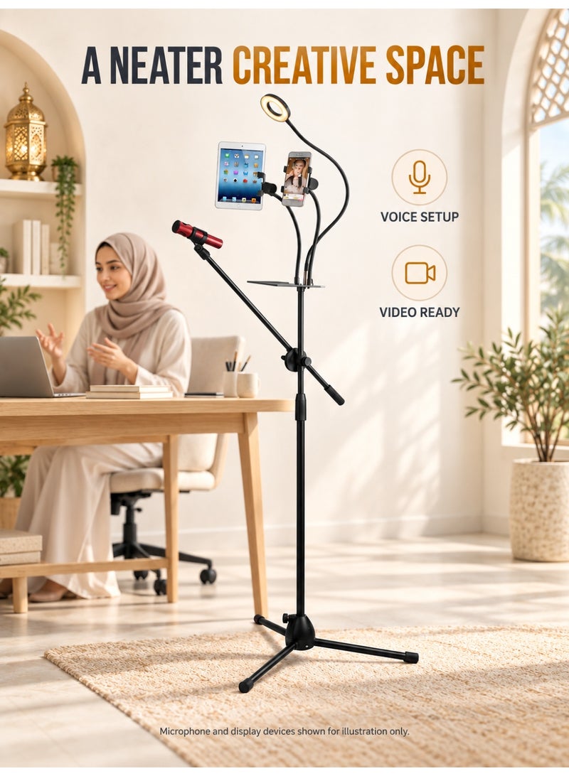 WALALLA Multifunction Microphone Floor Stand with Phone Holder, USB Fill Light and Sound Card Tray, Adjustable Height, 360° Boom Arm for Live Streaming, Singing and Recording, Microphone Not Included, Black - Image 4