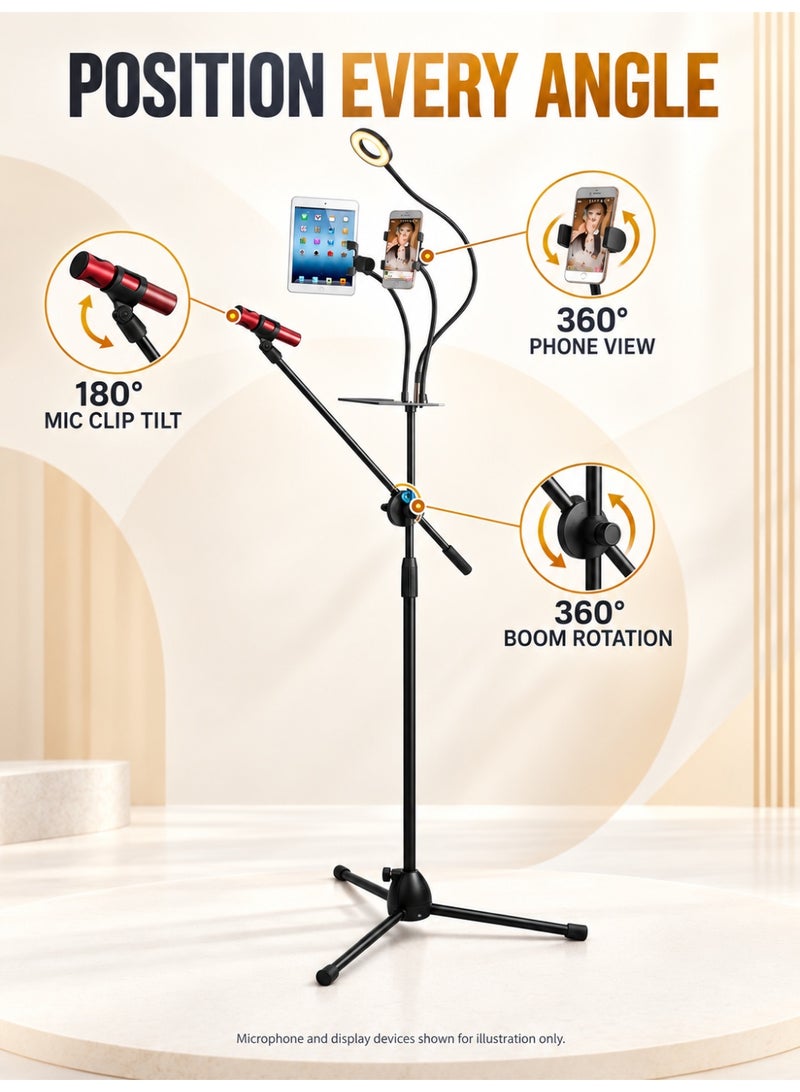 WALALLA Multifunction Microphone Floor Stand with Phone Holder, USB Fill Light and Sound Card Tray, Adjustable Height, 360° Boom Arm for Live Streaming, Singing and Recording, Microphone Not Included, Black - Image 3
