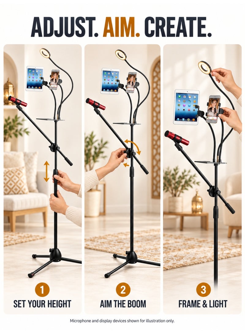 WALALLA Multifunction Microphone Floor Stand with Phone Holder, USB Fill Light and Sound Card Tray, Adjustable Height, 360° Boom Arm for Live Streaming, Singing and Recording, Microphone Not Included, Black - Image 5
