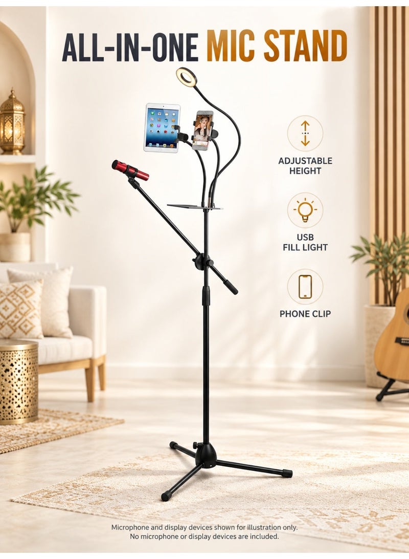 WALALLA Multifunction Microphone Floor Stand with Phone Holder, USB Fill Light and Sound Card Tray, Adjustable Height, 360° Boom Arm for Live Streaming, Singing and Recording, Microphone Not Included, Black - Image 1