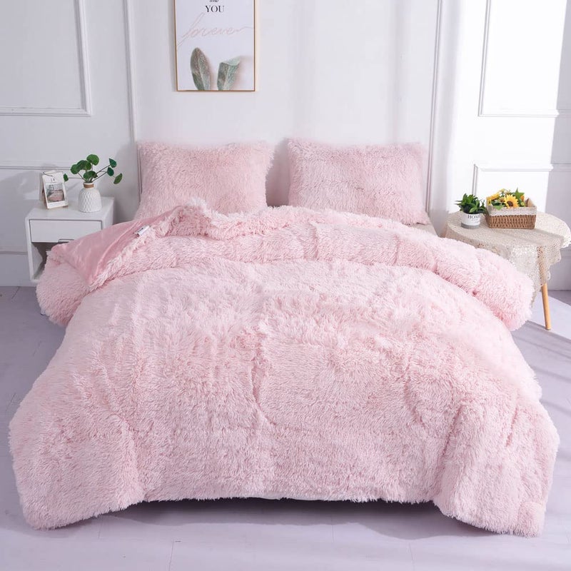 chovy Faux Fur Plush Light Pink Comforter Sets FullQueen  Ultra Soft Shaggy Flannel Velvet Fluffy Fuzzy 3PC Bedding Set Comforter x 1 Pillowcases x 2