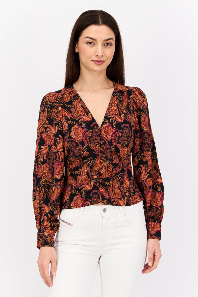 Black Tape بلوزة نسائية بأكمام طويلة على شكل حرف V، مطبوعة بالكامل، متعددة الألوان - Image 1