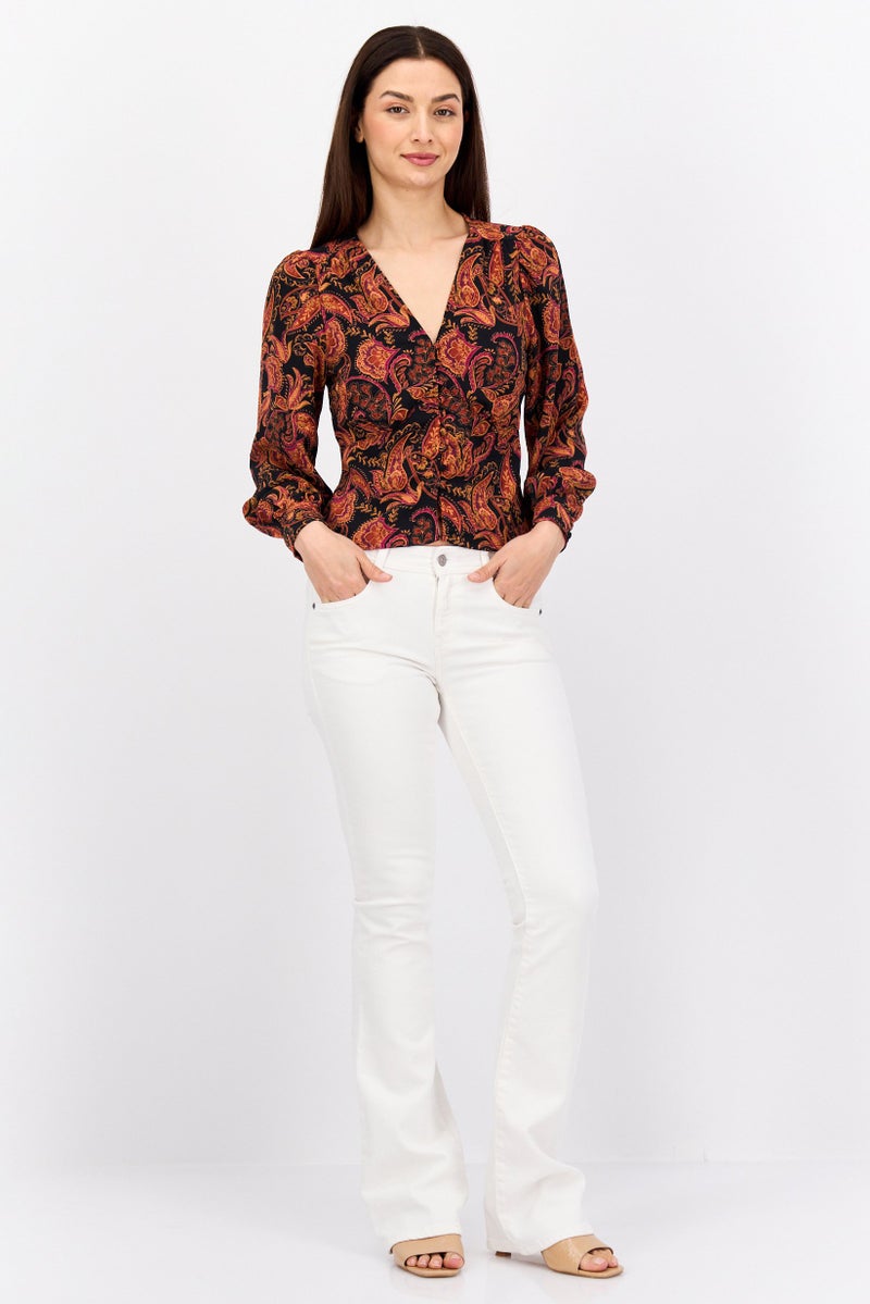 Black Tape بلوزة نسائية بأكمام طويلة على شكل حرف V، مطبوعة بالكامل، متعددة الألوان - Image 3