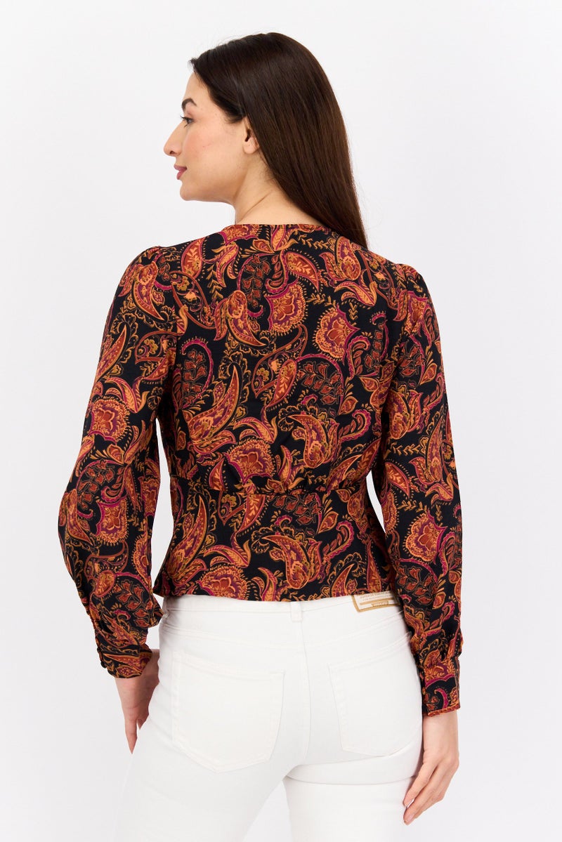 Black Tape بلوزة نسائية بأكمام طويلة على شكل حرف V، مطبوعة بالكامل، متعددة الألوان - Image 4