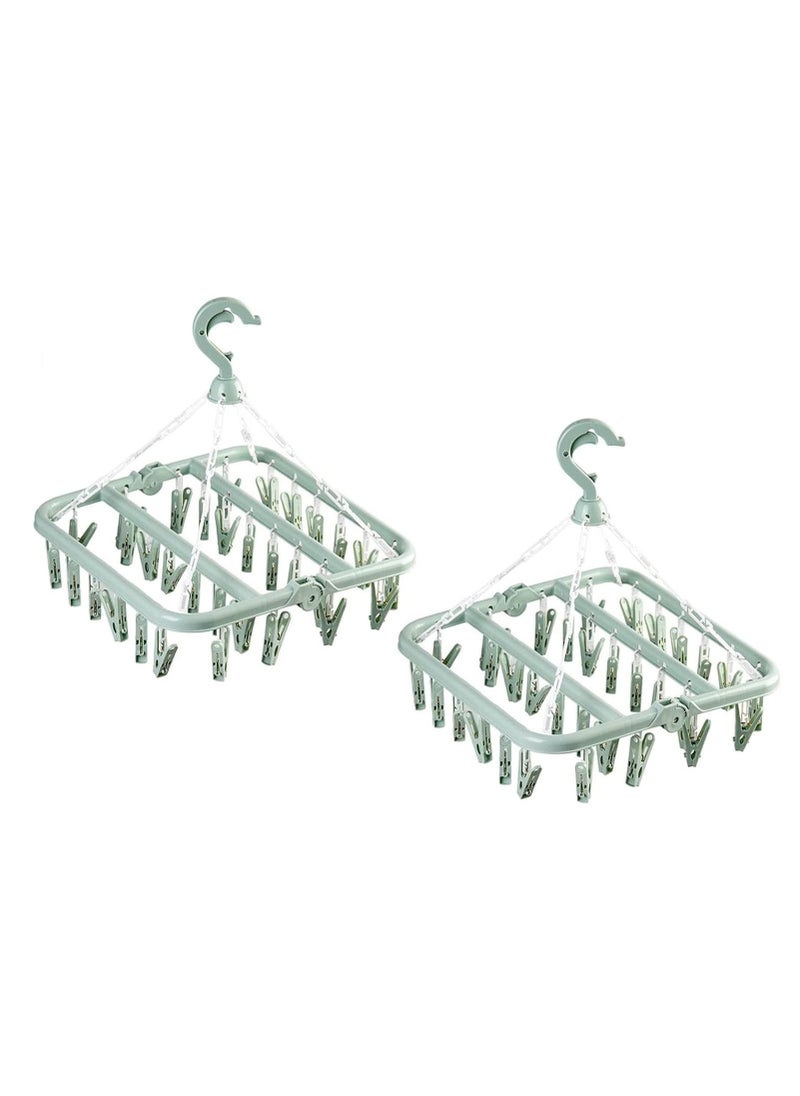 Hihonor Clothes Drying Rack, 2 Pack Windproof Folding Portable Laundry Hanger, Plast Sock Hanger with 32 Clips and 360° Rotatable Hook for Drying, Towels, Bras, Baby Clothes, Gloves (Light Green) - Image 1