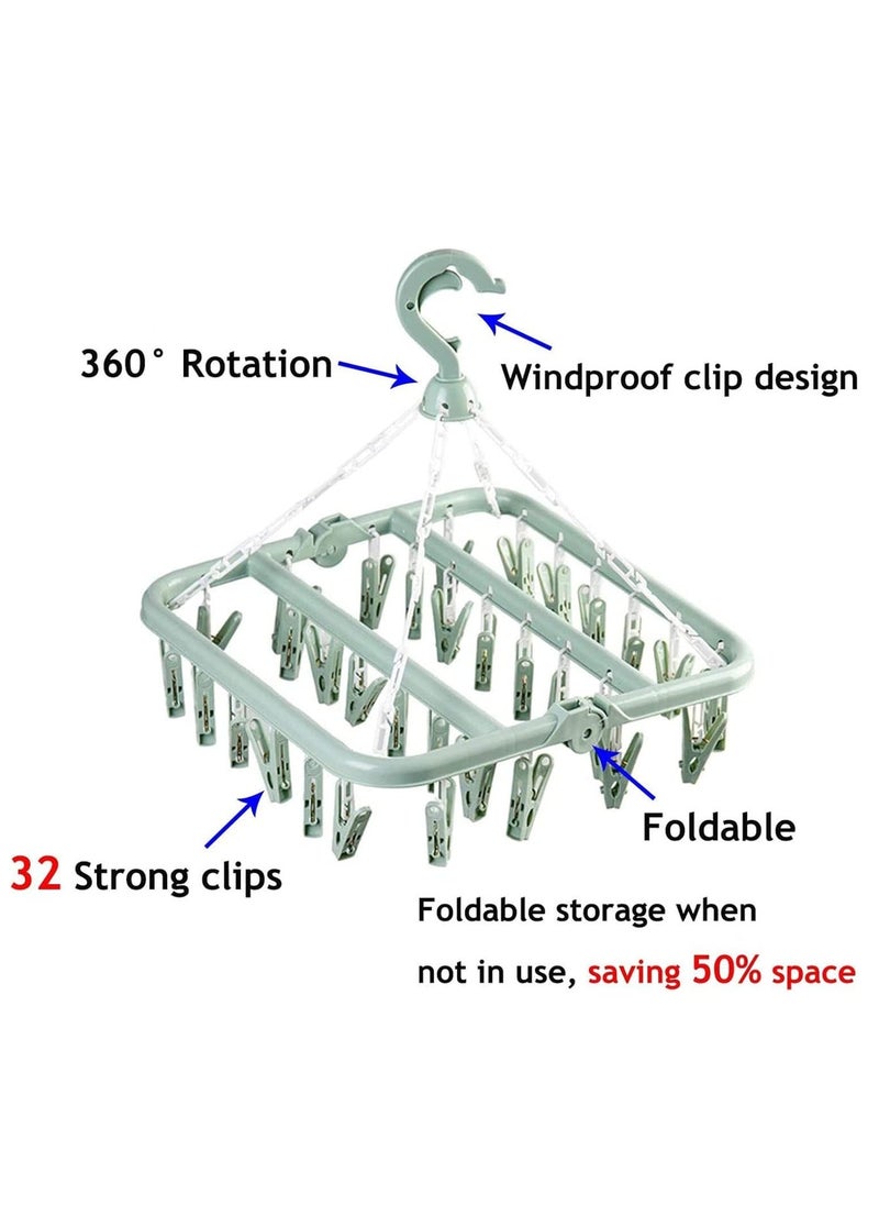 Hihonor Clothes Drying Rack, 2 Pack Windproof Folding Portable Laundry Hanger, Plast Sock Hanger with 32 Clips and 360° Rotatable Hook for Drying, Towels, Bras, Baby Clothes, Gloves (Light Green) - Image 2
