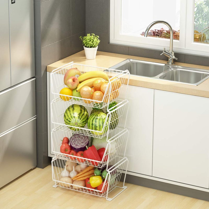 PUSDON Stackable Metal Storage Carts, Dual Use Shelf for Kitchen Fruit Vegetable Baskets with Wheels, Storage Rack for Living Room, Home & Office, Plus White 4 Tiers - Image 2