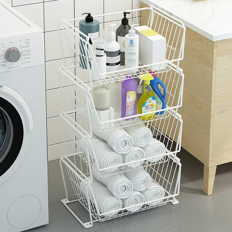 PUSDON Stackable Metal Storage Carts, Dual Use Shelf for Kitchen Fruit Vegetable Baskets with Wheels, Storage Rack for Living Room, Home & Office, Plus White 4 Tiers - Image 3