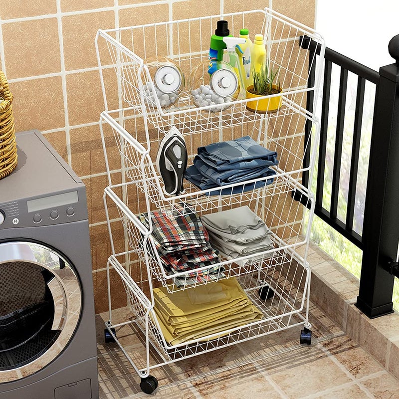 PUSDON Stackable Metal Storage Carts, Dual Use Shelf for Kitchen Fruit Vegetable Baskets with Wheels, Storage Rack for Living Room, Home & Office, Plus White 4 Tiers - Image 4