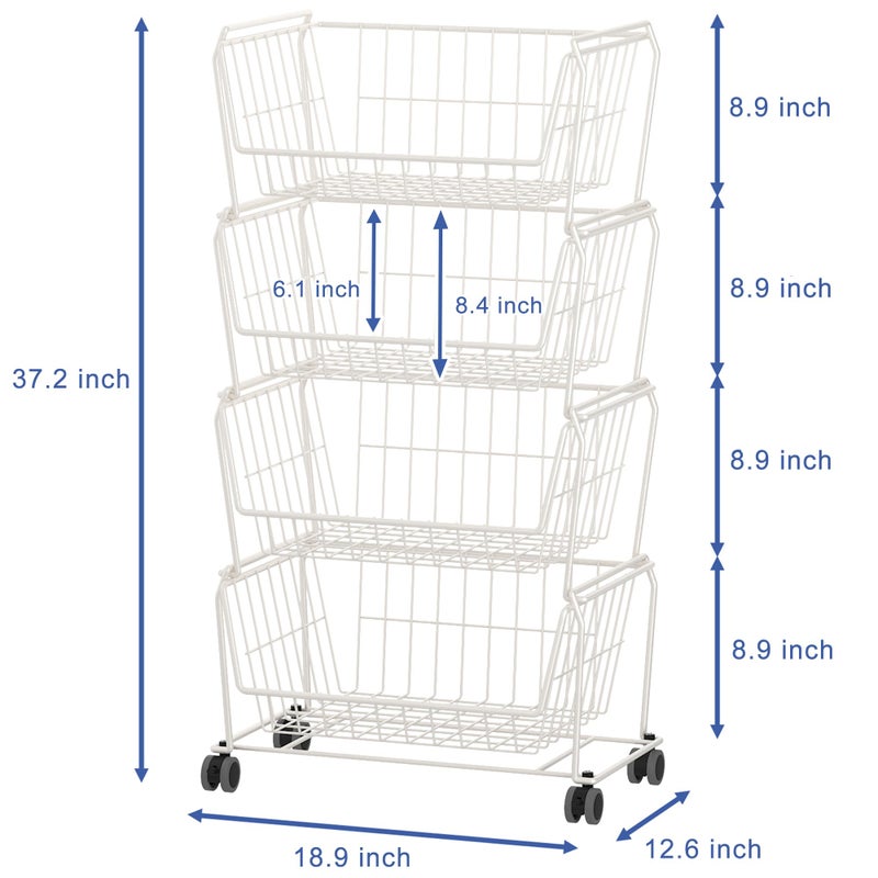 PUSDON Stackable Metal Storage Carts, Dual Use Shelf for Kitchen Fruit Vegetable Baskets with Wheels, Storage Rack for Living Room, Home & Office, Plus White 4 Tiers - Image 5