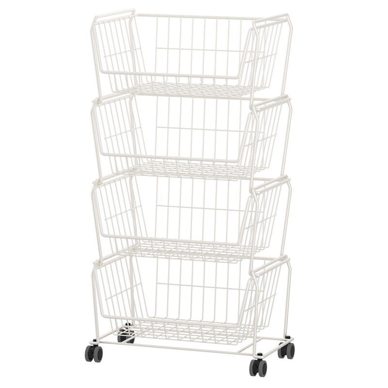 PUSDON Stackable Metal Storage Carts, Dual Use Shelf for Kitchen Fruit Vegetable Baskets with Wheels, Storage Rack for Living Room, Home & Office, Plus White 4 Tiers - Image 1