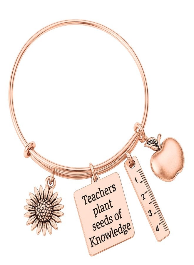 Infinity Collection Teacher Bracelet - Rose Gold Bangle with Apple, Ruler, Sunflower & “Teachers Plant Seeds of Knowledge” Charms - Appreciation Gift for Teachers - Image 1