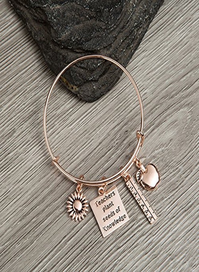 Infinity Collection Teacher Bracelet - Rose Gold Bangle with Apple, Ruler, Sunflower & “Teachers Plant Seeds of Knowledge” Charms - Appreciation Gift for Teachers - Image 3