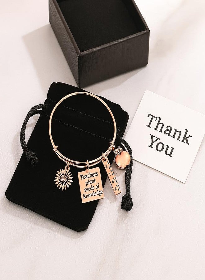 Infinity Collection Teacher Bracelet - Rose Gold Bangle with Apple, Ruler, Sunflower & “Teachers Plant Seeds of Knowledge” Charms - Appreciation Gift for Teachers - Image 2