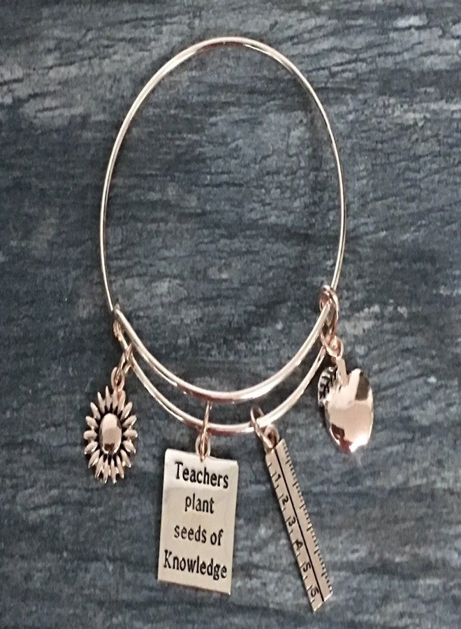 Infinity Collection Teacher Bracelet - Rose Gold Bangle with Apple, Ruler, Sunflower & “Teachers Plant Seeds of Knowledge” Charms - Appreciation Gift for Teachers - Image 4
