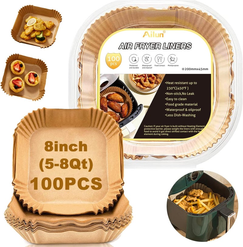 Ailun Air Fryer Paper Liners 8inch, 100PCS Non-Stick Parchment Paper,Oil Resistant,Disposable Food Grade Free of Bleach Paper Square for 5-8 QT Air Fryer Baking Roasting Microwave - Image 1