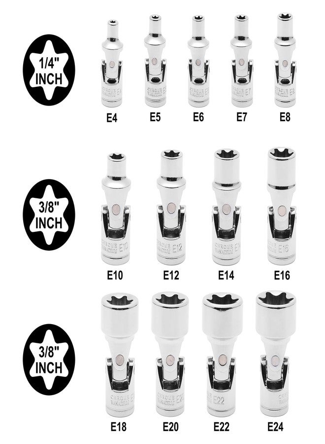 EMENTOL 13-Piece Universal Joint Star Socket Set, 3/8" (E4-E8) & 1/4"(E10-E24) Drive U-joint E Sockets, CR-V Steel - Image 2