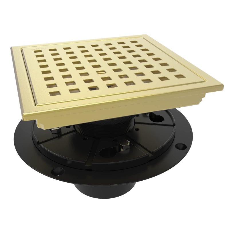 WEBANG 6 Inch Square Shower Floor Drain with FlangeQuadrato Pattern Grate RemovableFoodGrade SUS 304 Stainless SteelWatermarkCUPC Certified Brushed Gold