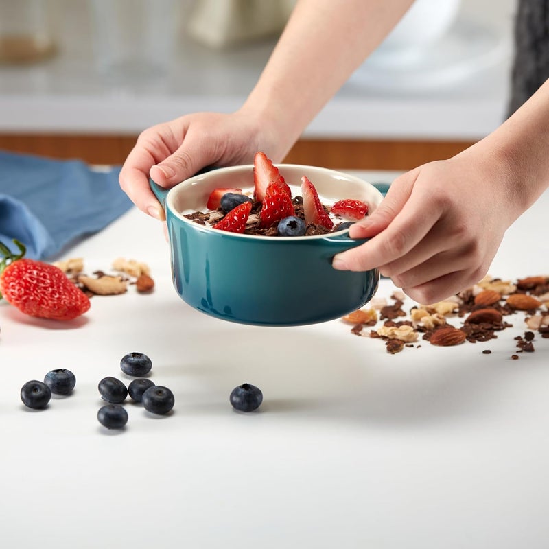 Kook طقم كوكوت سيراميك صغير، أطباق كسرولة صغيرة مع أغطية ومقابض، أطباق خبز فردية، آمنة للاستخدام في الفرن والميكروويف وغسالة الصحون، من الحجر، سعة 12 أونصة، مجموعة من 4 (أكوا أومبري) - Image 3