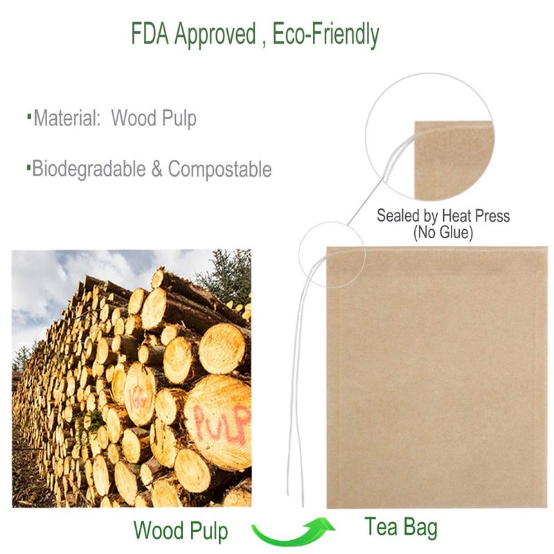 Aksuaple Eco-Fil Disposable Tea Filter Bags for Loose Tea, Wood Pulp Material, Biodegradable and Compostable, Unbleached Empty Tea Infuser Sachets with Drawstring, 100 Pack (3.2inch x 4.0inch) - Image 2