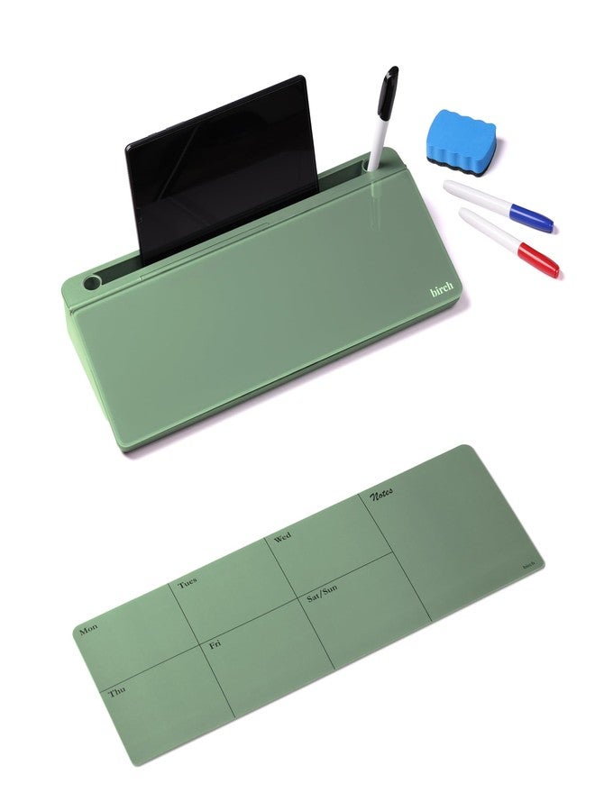Birch Small Desktop Glass Whiteboard & Magnetic Calendar - Dry Erase Desk Pad Keyboard Stand with Storage, Adjustable Dividers, 3 Markers & Holder - Office, Home & School (Moss) - Image 1