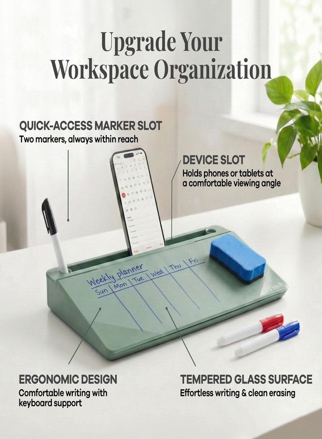 Birch Small Desktop Glass Whiteboard & Magnetic Calendar - Dry Erase Desk Pad Keyboard Stand with Storage, Adjustable Dividers, 3 Markers & Holder - Office, Home & School (Moss) - Image 2