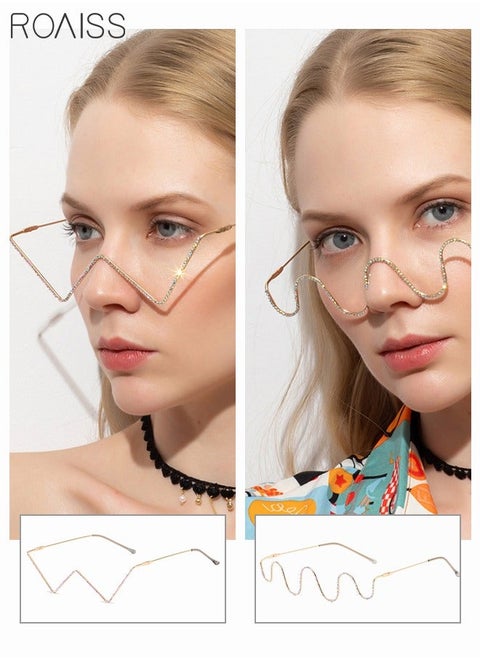 2 Pack Half Frame Sparkling Crystal Eyeglasses Rhinestone Decorative Glasses V-shaped and Wave shaped Gold Frame Without Lens