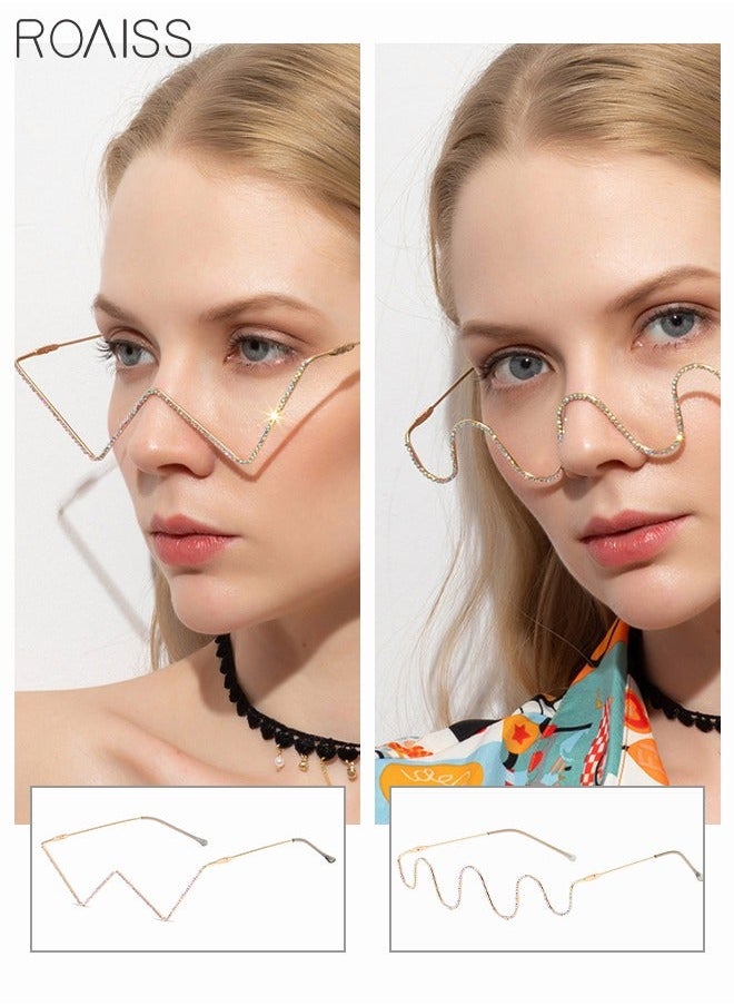 2 Pack Half Frame Sparkling Crystal Eyeglasses Rhinestone Decorative Glasses V-shaped and Wave shaped Gold Frame Without Lens