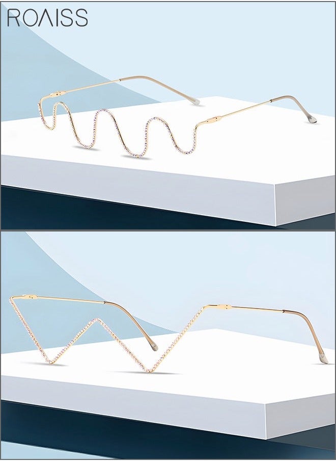 2 Pack Half Frame Sparkling Crystal Eyeglasses Rhinestone Decorative Glasses V-shaped and Wave shaped Gold Frame Without Lens