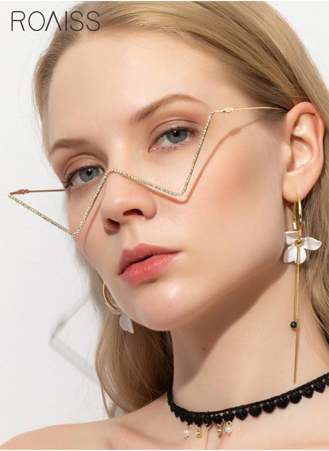 2 Pack Half Frame Sparkling Crystal Eyeglasses Rhinestone Decorative Glasses V-shaped and Wave shaped Gold Frame Without Lens