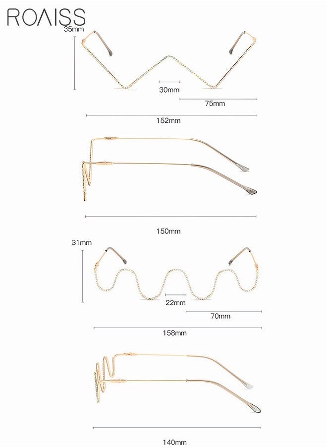 2 Pack Half Frame Sparkling Crystal Eyeglasses Rhinestone Decorative Glasses V-shaped and Wave shaped Gold Frame Without Lens