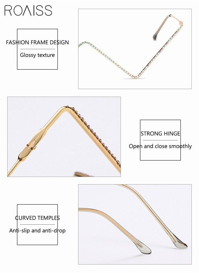 2 Pack Half Frame Sparkling Crystal Eyeglasses Rhinestone Decorative Glasses V-shaped and Wave shaped Gold Frame Without Lens
