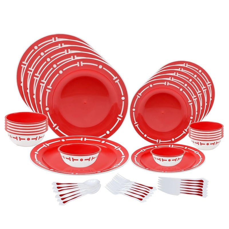 SIMPARTE 42 Pieces Plastic Dinner Set with Cutlery for Families Parties Unbreakable BPA Free Microwave Freezer Safe Dishwasher Safe Dinnerware Set Printed Plates Red - Image 1