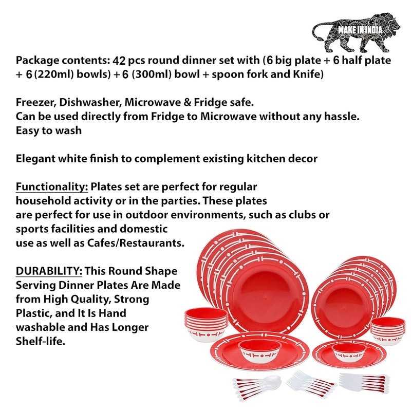 SIMPARTE 42 Pieces Plastic Dinner Set with Cutlery for Families Parties Unbreakable BPA Free Microwave Freezer Safe Dishwasher Safe Dinnerware Set Printed Plates Red - Image 3