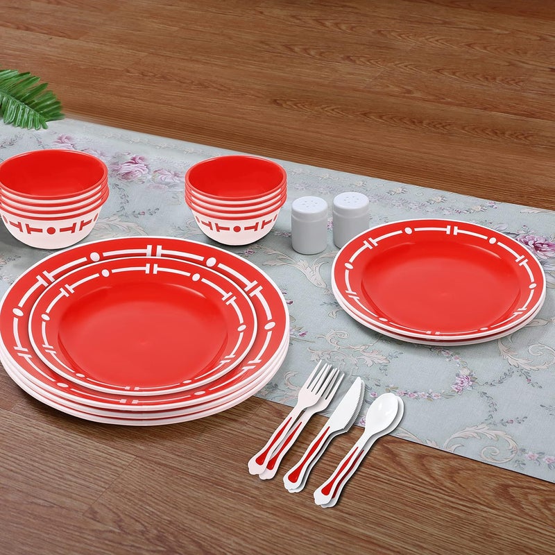 SIMPARTE 42 Pieces Plastic Dinner Set with Cutlery for Families Parties Unbreakable BPA Free Microwave Freezer Safe Dishwasher Safe Dinnerware Set Printed Plates Red - Image 2
