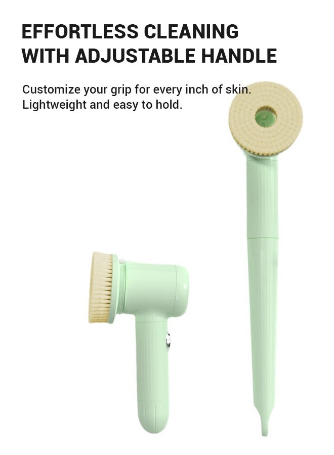 Multi-functional electric bathing brush, perfect for lazy bathing. It features back massage and scrubbing functions, with a long handle for easy use. USB rechargeable and stylish in green. - Image 2