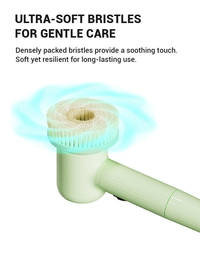 Multi-functional electric bathing brush, perfect for lazy bathing. It features back massage and scrubbing functions, with a long handle for easy use. USB rechargeable and stylish in green. - Image 5