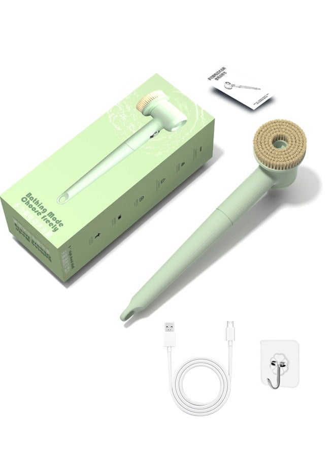 Multi-functional electric bathing brush, perfect for lazy bathing. It features back massage and scrubbing functions, with a long handle for easy use. USB rechargeable and stylish in green. - Image 1
