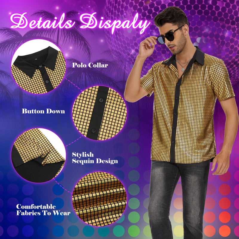 Zando Sequin 70s 80s Disco Shirt Men - Retro Sparkling Gold Outfit Short Sleeve Button Down Fashion Metallic Costume Top for Halloween New Year Themed Party & Nightclub Prom Large - Image 3