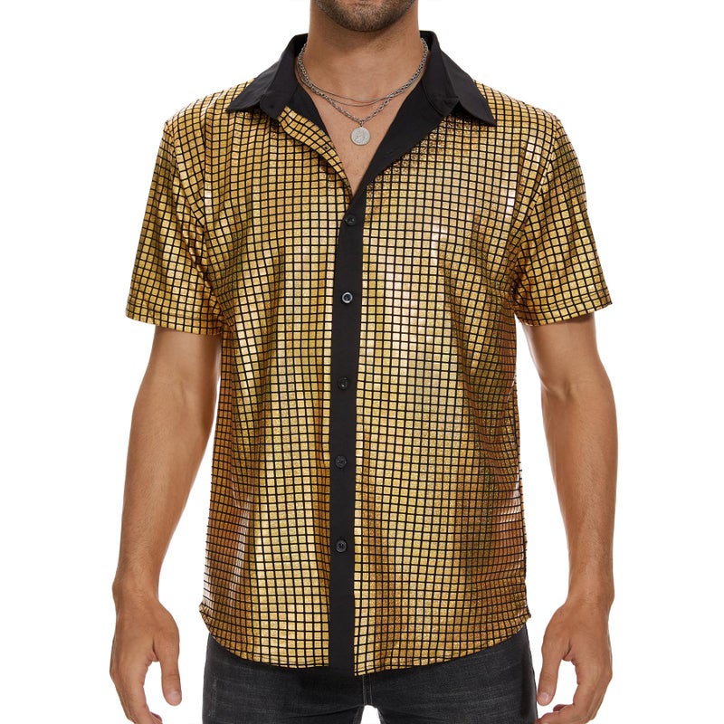 Zando Sequin 70s 80s Disco Shirt Men - Retro Sparkling Gold Outfit Short Sleeve Button Down Fashion Metallic Costume Top for Halloween New Year Themed Party & Nightclub Prom Large - Image 1
