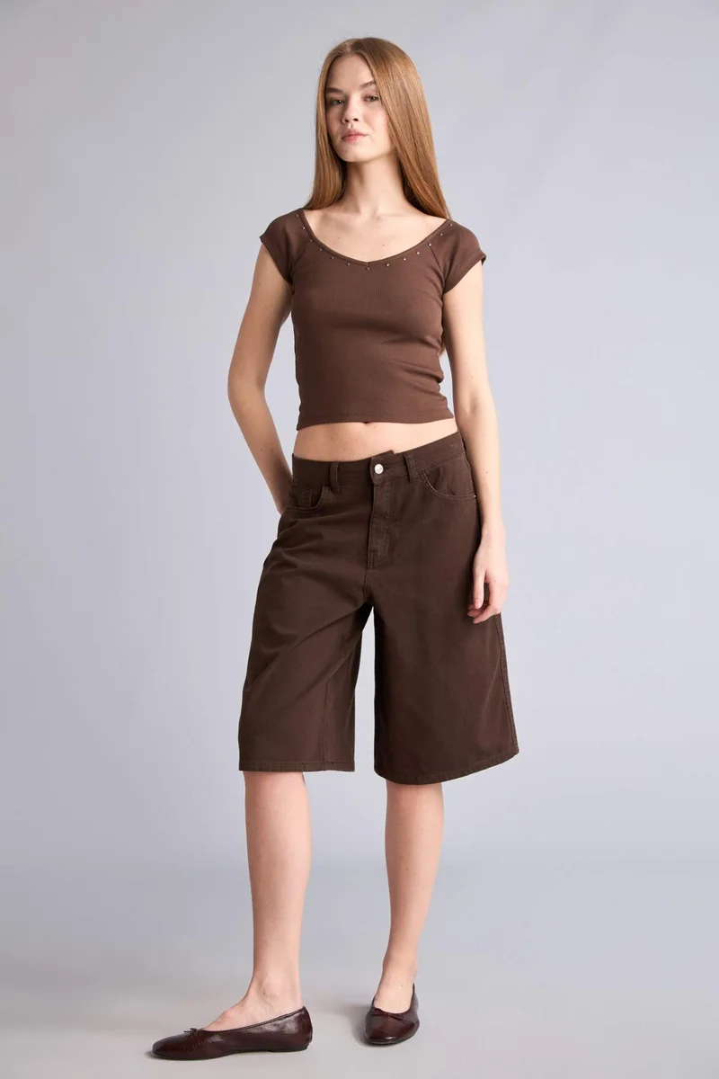 DeFacto Fitted V-Neck Ribbed Short Sleeve T-Shirt