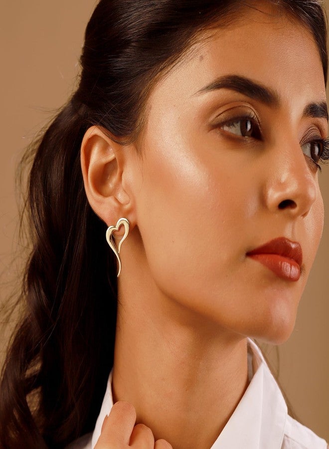 Voylla Whispering Heart Curve Gold Plated Earrings for Women Designer Love Earrings Women's Day Gift for Her Girlfriend Wife Anniversary Birthday Jewellery - Image 3