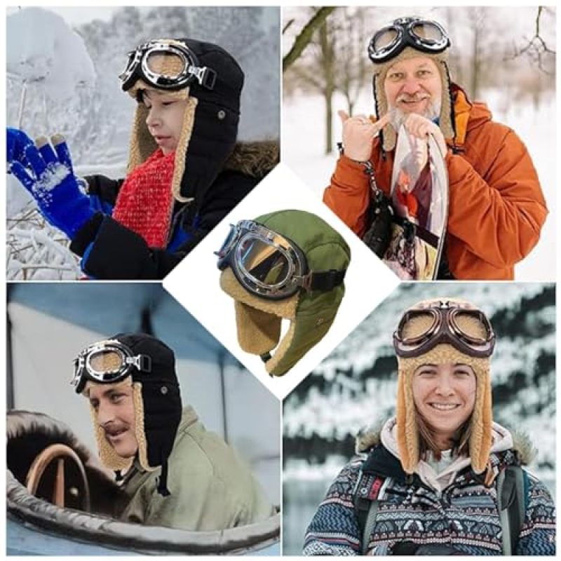 Aviator Hat: Green Fleece Construction Wind-Resistant Ear Protection - Anti-Fog Scratch-Resistant Pilot Glasses Adjustable Fit for Winter Outdoor Sports, Family Adventures and Costume Dress-Up - Image 5