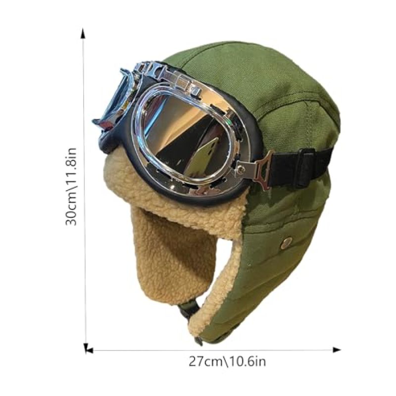 Aviator Hat: Green Fleece Construction Wind-Resistant Ear Protection - Anti-Fog Scratch-Resistant Pilot Glasses Adjustable Fit for Winter Outdoor Sports, Family Adventures and Costume Dress-Up - Image 2