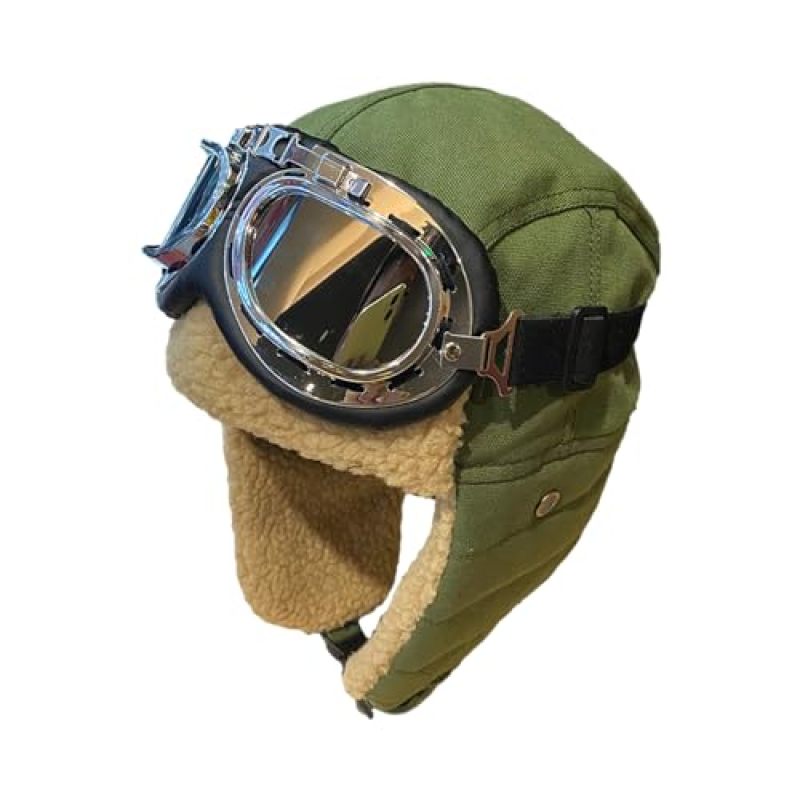 Aviator Hat: Green Fleece Construction Wind-Resistant Ear Protection - Anti-Fog Scratch-Resistant Pilot Glasses Adjustable Fit for Winter Outdoor Sports, Family Adventures and Costume Dress-Up - Image 1