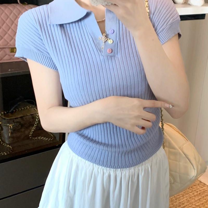 Women's Slim Fit Cropped Polo Collar Short Sleeve Knitted T-Shirt Summer 2026 - Image 2