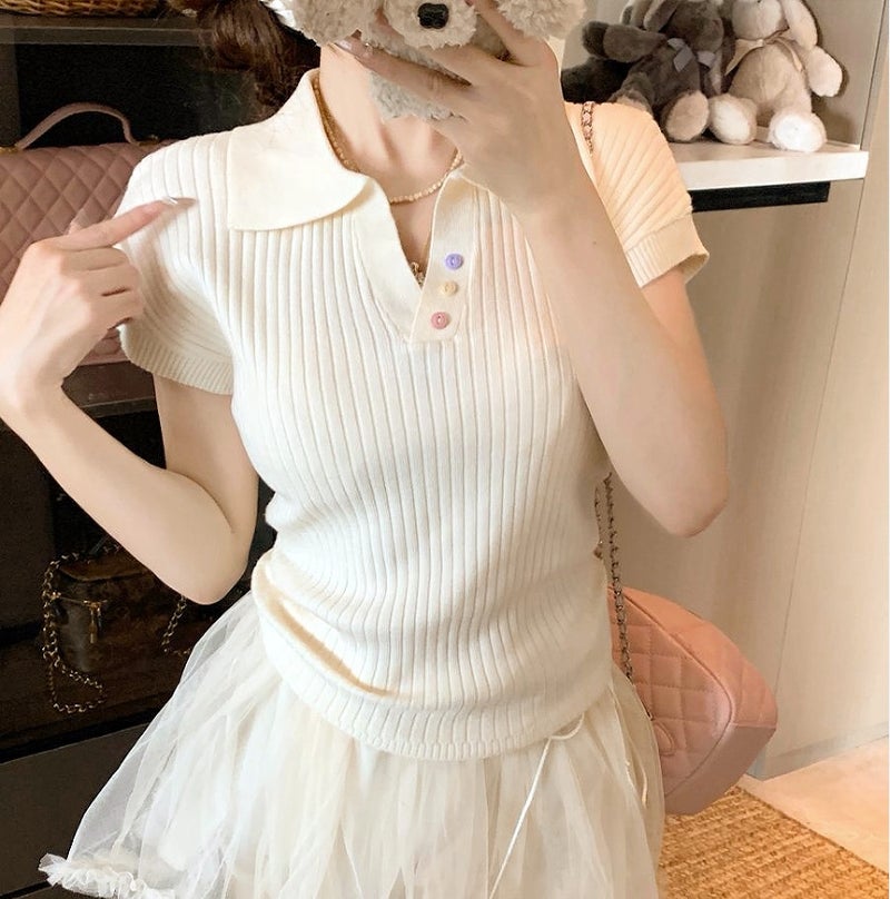 Women's Slim Fit Cropped Polo Collar Short Sleeve Knitted T-Shirt Summer 2026 - Image 1