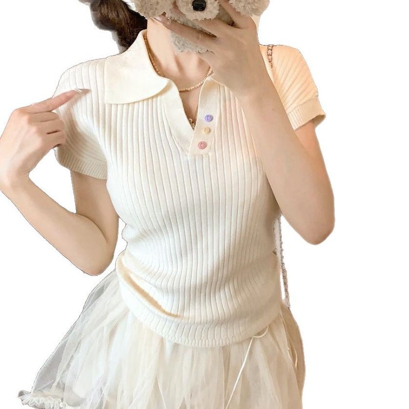 Women's Slim Fit Cropped Polo Collar Short Sleeve Knitted T-Shirt Summer 2026 - Image 5