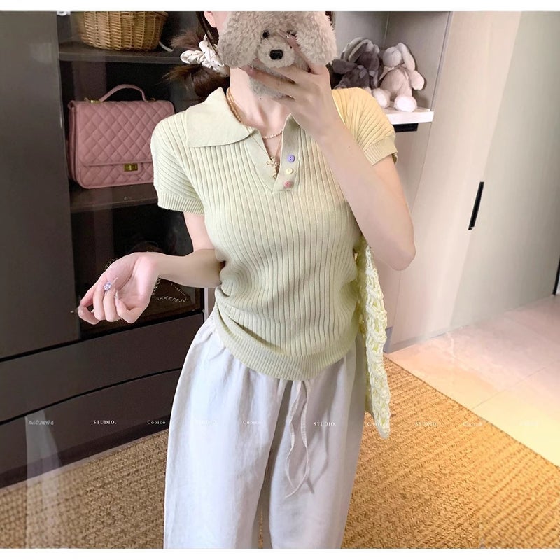 Women's Slim Fit Cropped Polo Collar Short Sleeve Knitted T-Shirt Summer 2026 - Image 3